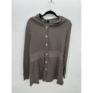 Fenini‎ Taupe Waffle Knit Button Front Hooded Cardigan Jacket Artsy Sz Medium